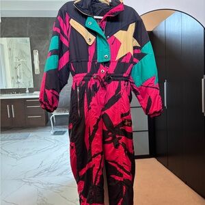 Women’s Ski One-Piece Snow Suit - Black & Hot Pink with Teal Accent